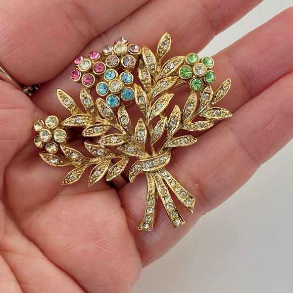 Vintage Rachel Colorful Rhinestone Flower Bouquet Gold Tone Brooch. - Picture 7 of 7